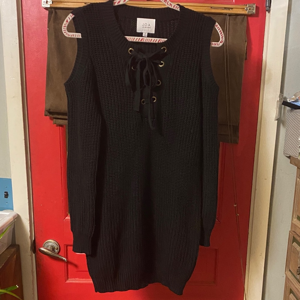 J.O.A. Black Open-Knit Sweater with Red Trim